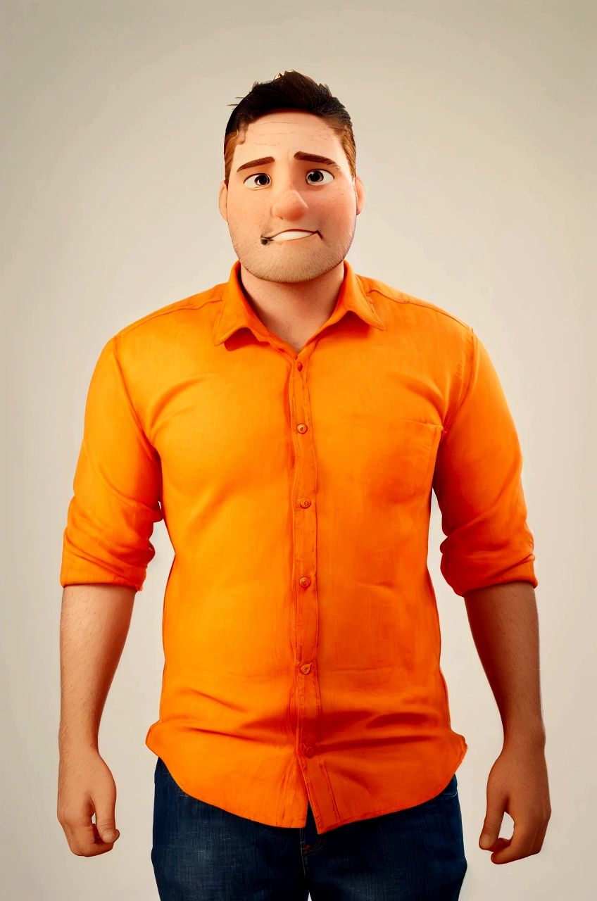A 3D movie poster in pixar style of, white male, 30 years old, dark brown hair, short beard, dark brown eyes, medium hair, orange dress blouse, jeans, orange sneakers, soft skin texture, background without image, with right hand giving thumbs up and left hand in jeans pocket