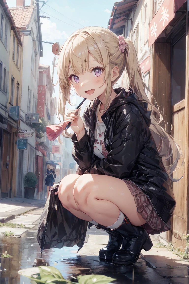 One Girl,rainbow,raincoat,yellow raincoat,rubber Knee-high boots,Hydrangea,flower,Long Hair,Twin tails,Knee-high boots,blush,umbrella,Open your mouth,hair ornaments,white background,Food,alone,Terboz,very Long Hair,Food up,Long sleeve,Low Ponytail,bow,bangs,smile,animal Food,closeD umbrella,puddle,Cowboy Shot、Squat,:D,snails,Yellow footwear, background,pink flower,Are standing,leaf umbrella,Holding umbrella,fooD-themeD hair ornaments,hair bow,animal ears,Holding,Blonde,hair flower,rain,animal,Gray Hair、Light purple eyes、Bob Hair、Laughter、Purple Raincoat、