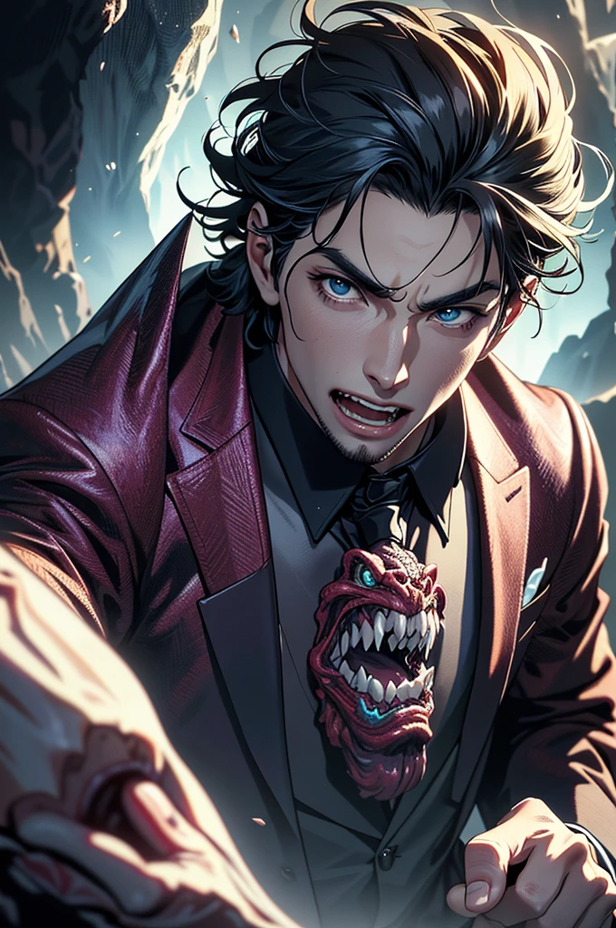 25 years old man wearing a suit jacket fighting with monster in cave, highres,sharp focus,(ultra detailed,extremely detailed),(photorealistic artwork:1.37),(extremely detailed CG unity 8k wallpaper),(((vibrant colors,vibrant theme))),(intricate),(masterpiece),(best quality),