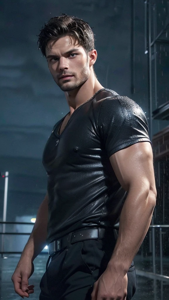 Jamie dornan realista:1.3,( fotorrealista, 8K, Fotos CRUDAS, Calidad premium, obra maestra, epic lighting. de cerca, Imagen centrada), (primer plano),((1 handsome man self-confident well-formed muscles, post apocalyptic, guerrero, Rostro y cuerpo perfectamente detallados, (primer plano), escenario lluvioso, poor lighting due to rain,(( rostro y cuerpo mojados por la lluvia:1.5)),lightning lighting, dynamic pose, cabello hermoso y detallado, ropa de cuero)),  ((Imaginativo scene)),((perfect, meticulously detailed.:1.3)), ((full shot: 1.4)), ((Best quality )), ((Masterpiece)), 3D, (hyper detailed: 1.3), ((Epic Scenery: 1.3)), ((night background: 1.3 ))), (((night:1.2))), ( photorealistic: 1.4), ((Front camera)),( (Low-light night cinematic lighting: 1.2)). 32