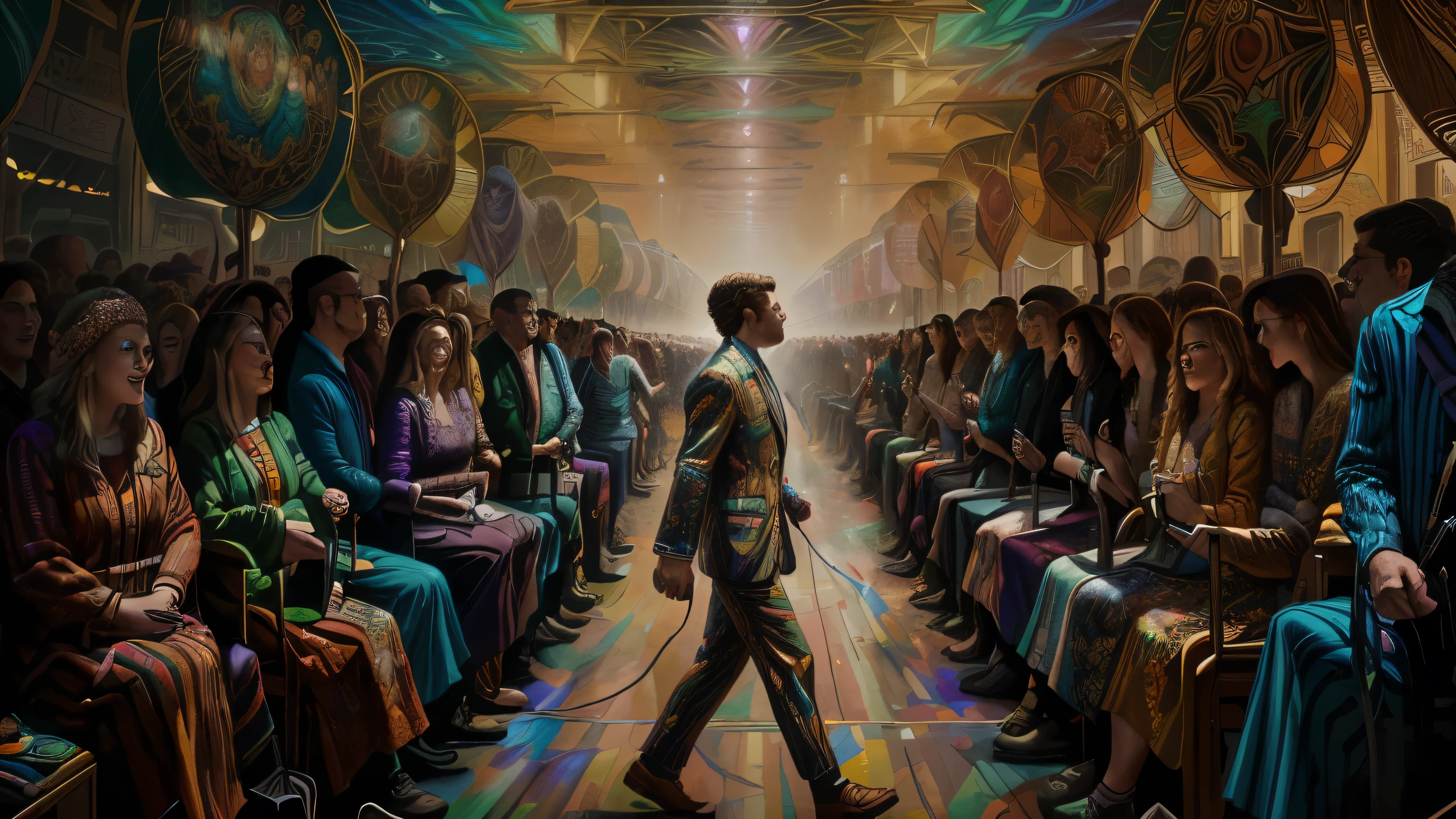 painting of a man walking in front of a crowd of people, dan mumford and alex grey style, in the art style of dan mumford, in the style dan mumford artwork, el bosco and dan mumford, inspired by Dan Mumford, ( ( ( ( ( dan mumford ) ) ) ) ), dan mumford. maya render, by Dan Mumford, painting by dan mumford