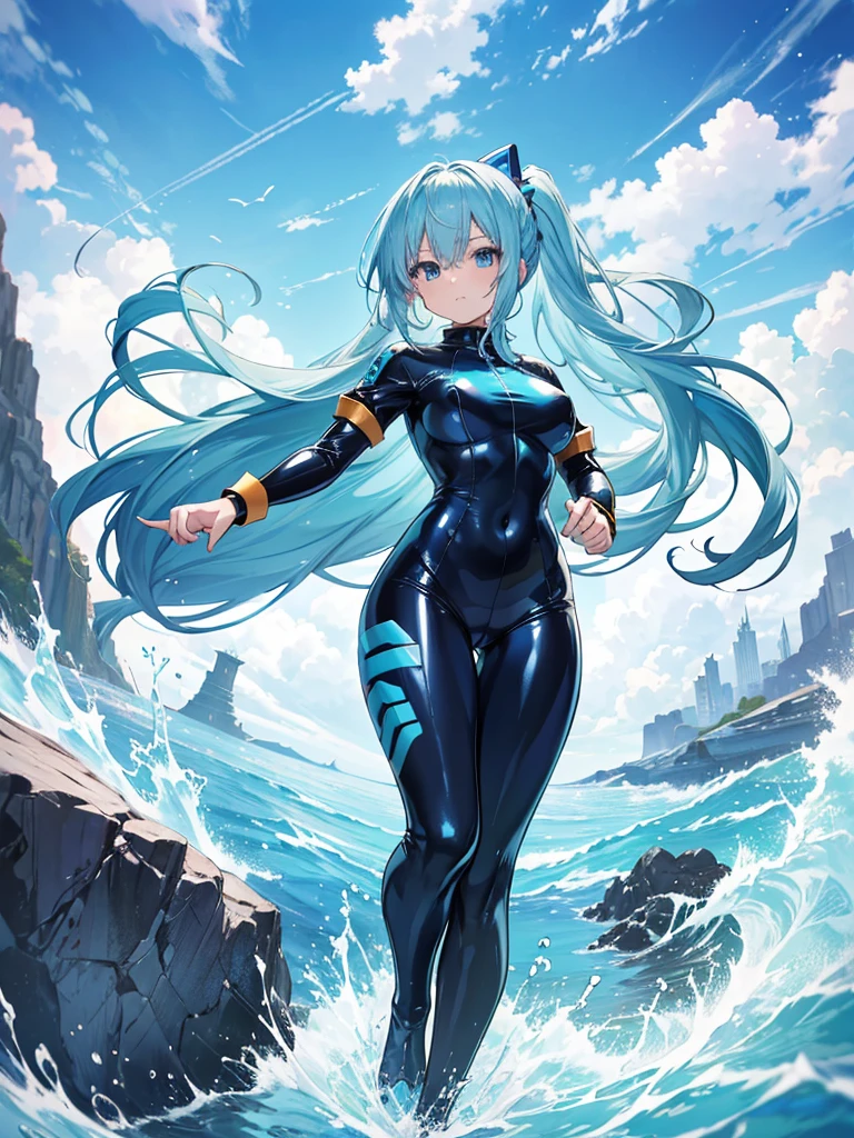 Gorgeous image quality, 8 k, high quality, masterpiece:1.2), ((masterpiece)), (high detail, high quality, Best Image Quality), solo, 1 girl, Konosuba ,aqua, blue hair, Blue eyes,art style by sciamano240, tight suit, latex suit, translucent clothing, bare hands, bare legs, I&#39;m standing, huge breasts, middle thighs, room