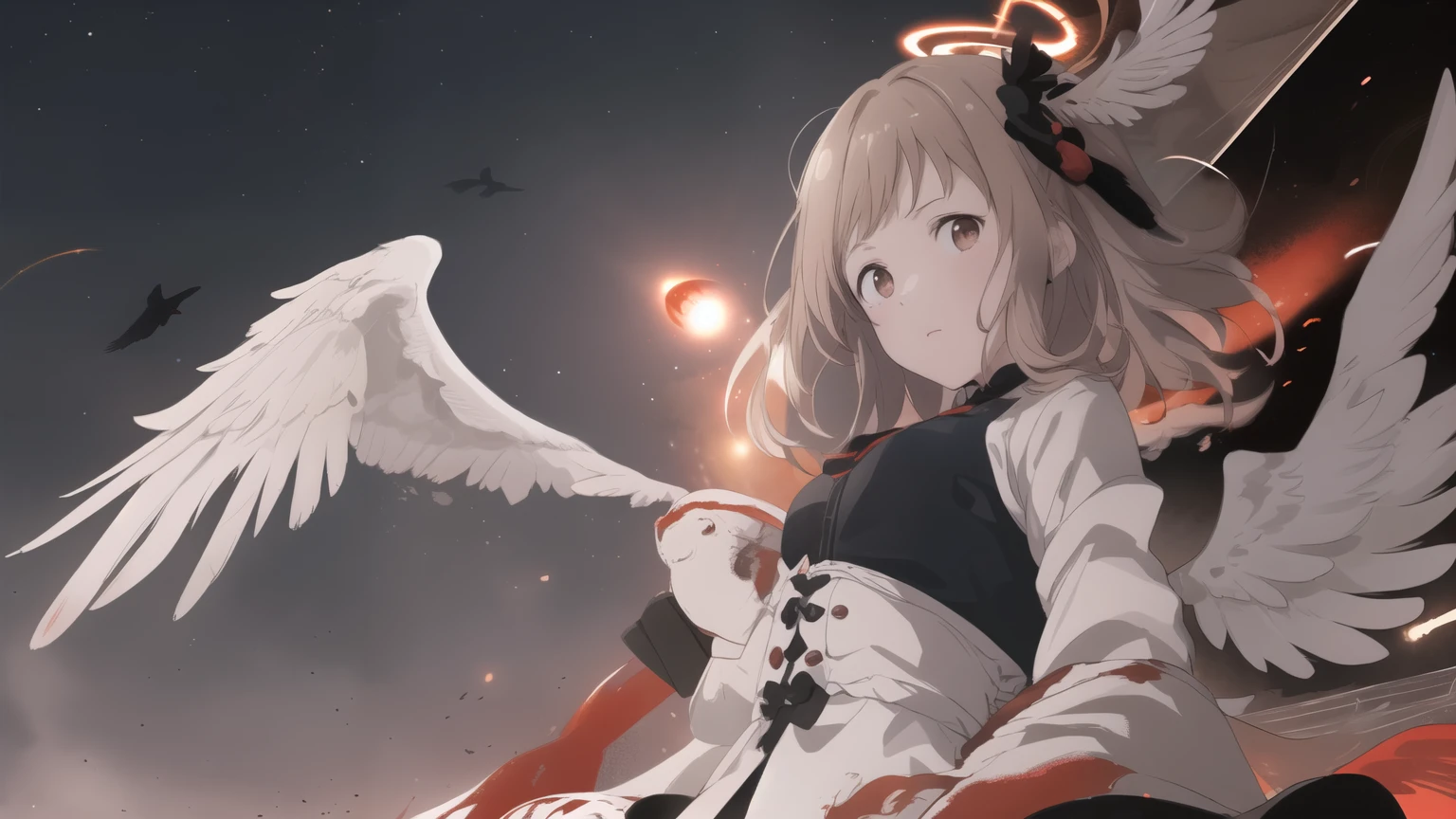 best quality, masterpiece, sakuragi_mano, brown eyes, white halo, creme hair, pigeon wings, looking at viewer, black hole, background dark space, ominous red and black energy, dead robots, rainbow feathers, floating