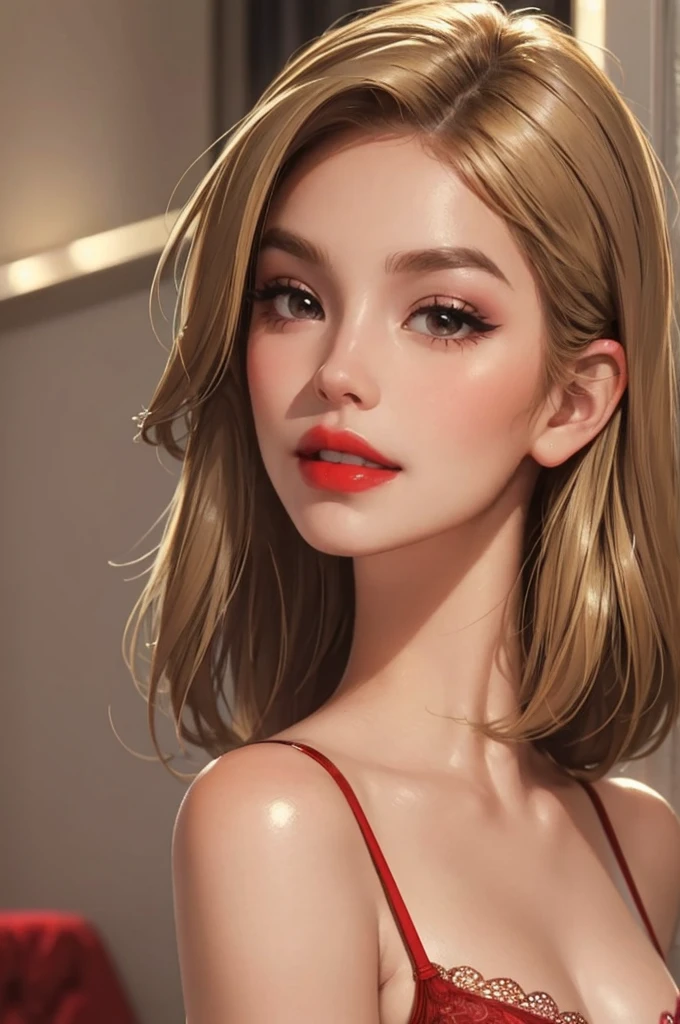 1girl,a beautiful fashion model ,(masterpiece, detailed background, best quality),short and shiny hair, light blomde hair with blonde highlights,smirk,juicy lips,red lips, calmart, lingerie, stripping, elegant makeup, (girl cocking her eyebrow)