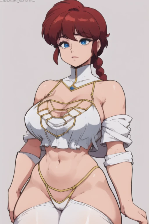 RanmaChan, Red hair, Braided hair, blue eyes, detailed eyes, whole body, lindosexyrobutts, tight black blouse, black crop top, exposed navel, clothing attached to the body, Tanga sexy, sexy stockings, 【Costume】【cosplay】White Dress of Albedo (Overlord), white thong, big neckline