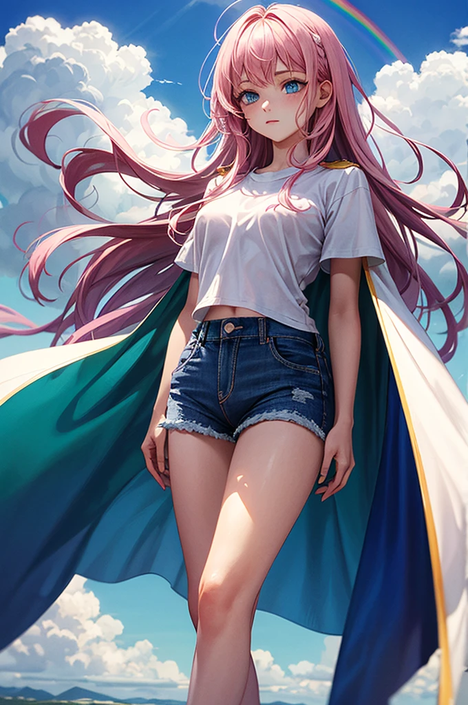 ((best quality)), ((masterpiece)), (detailed), 1girl, Pink hair, blue eyes, white t shirt, blue Jean shorts, rainbow colored cape, standing on cloud, young. Ethereal beauty.