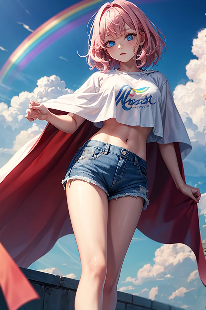 ((best quality)), ((masterpiece)), (detailed), 1girl, Pink hair, blue eyes, white t shirt, blue Jean shorts, rainbow colored cape, standing on cloud, young. Ethereal beauty.