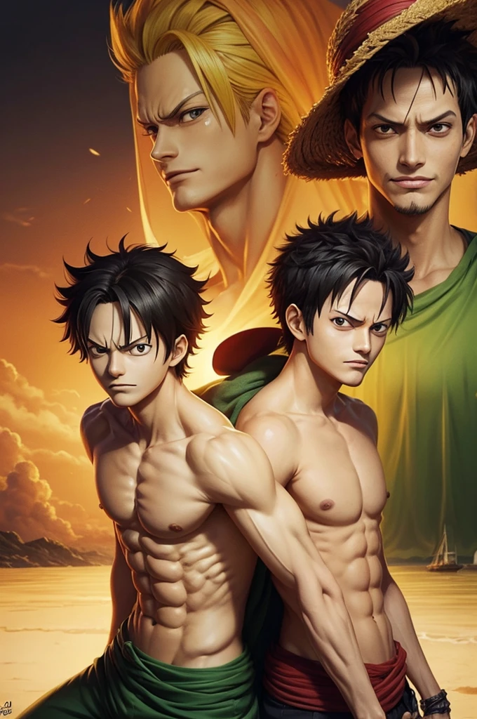 Crie um desenho do Luffy, Zoro e Sanji