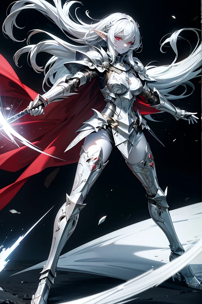 female elf knight, full body art, silver hair, white skin, red iris eye, knight full plate adorned armor, silver cape, perfectly detailed