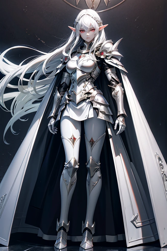 female elf knight, full body art, silver hair, white skin, red iris eye, knight full plate adorned armor, silver cape, perfectly detailed