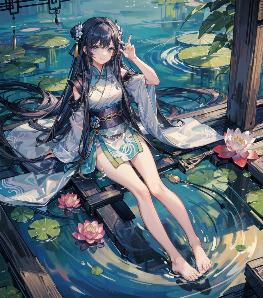 Dark green Hanfu, a woman, cool, fair skin, sea of flowers, pond, petals floating on the water, lily, clavicle, eyes closed, half submerged in water, dark background, moonlight, hairpin, jade pendant, Hanfu, delicate faces, hair accessories, red lips, skirts, belts, jewelry, long hair, earrings, , strands of hair, perfect body proportions, wet, slender legs, bridges,