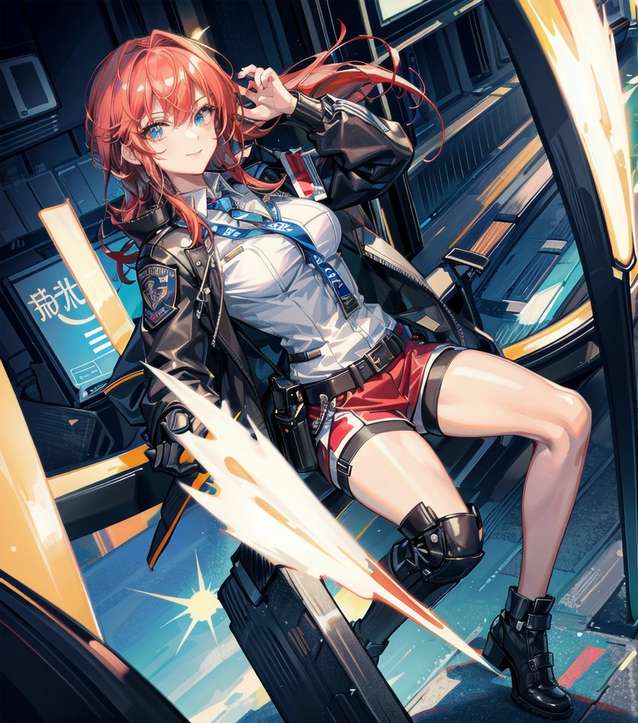 (high quality, 8k, 4k, high contrast, masterpiece:1.2, best quality, best aesthetics), (dynamic angle), Sexy female police officer, Detailed face and body, Beautiful breasts, confident look, (Red hair, long hair), Shiny black uniform, Tactical belt with equipment, Glossy Badges and Name Tags, Leaning against a police car, Standing in a dynamic pose, dutch angle, Flashing police car lights against cityscape background,