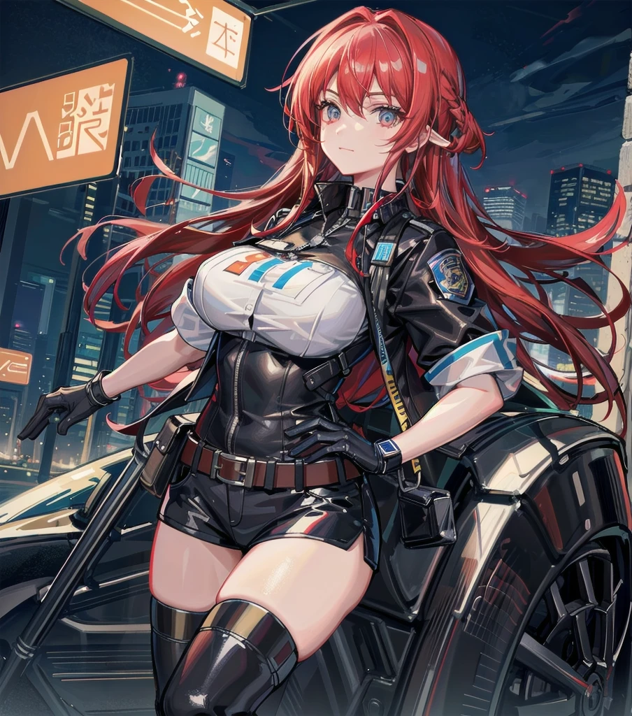 (high quality, 8k, 4k, high contrast, masterpiece:1.2, best quality, best aesthetics), (dynamic angle), Sexy female police officer, Detailed face and body, Beautiful breasts, confident look, (Red hair, long hair), Shiny black uniform, Tactical belt with equipment, Glossy Badges and Name Tags, Leaning against a police car, Standing in a dynamic pose, dutch angle, Flashing police car lights against cityscape background,