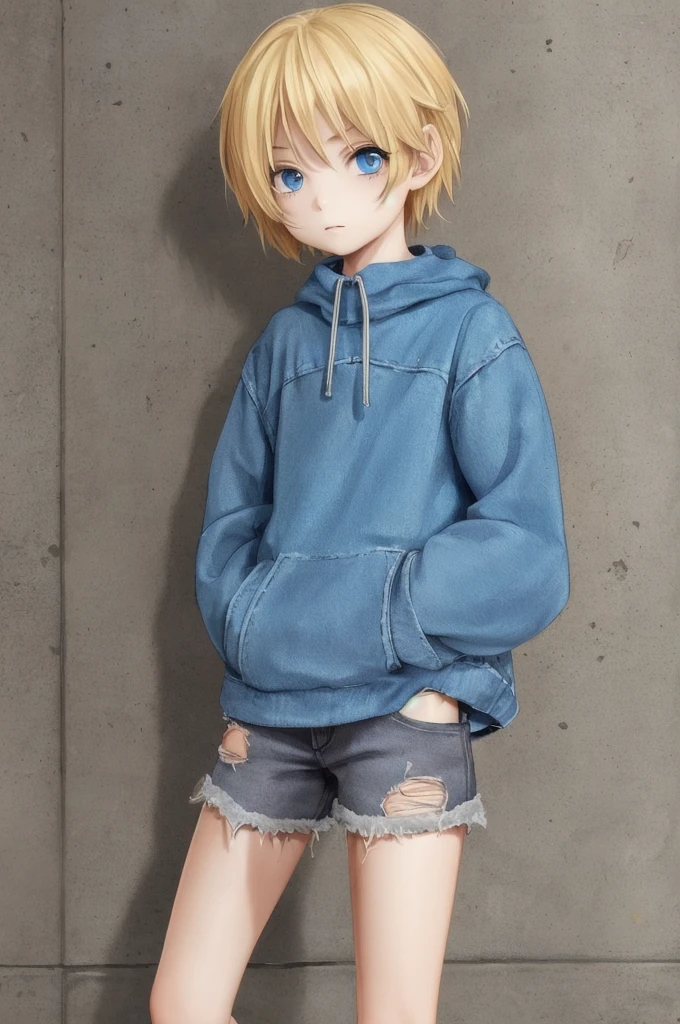 1 girl, slender face, Messy and short blonde hair, eyes are a striking shade of blue, very fair complexion, average height, ratty and torn clothes, HD, Anime,