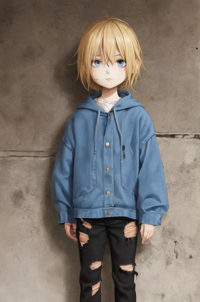 1 girl, slender face, Messy and short blonde hair, eyes are a striking shade of blue, very fair complexion, average height, ratty and torn clothes, HD, Anime,