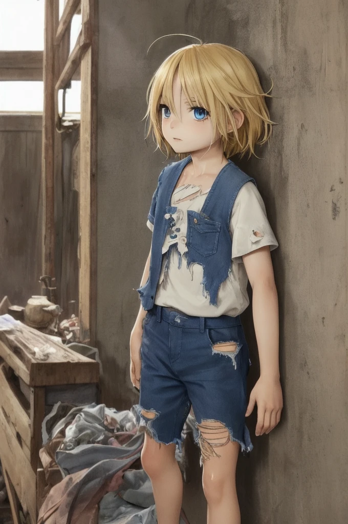 1 girl, slender face, Messy and short blonde hair, eyes are a striking shade of blue, very fair complexion, average height, ratty and torn clothes, HD, Anime,