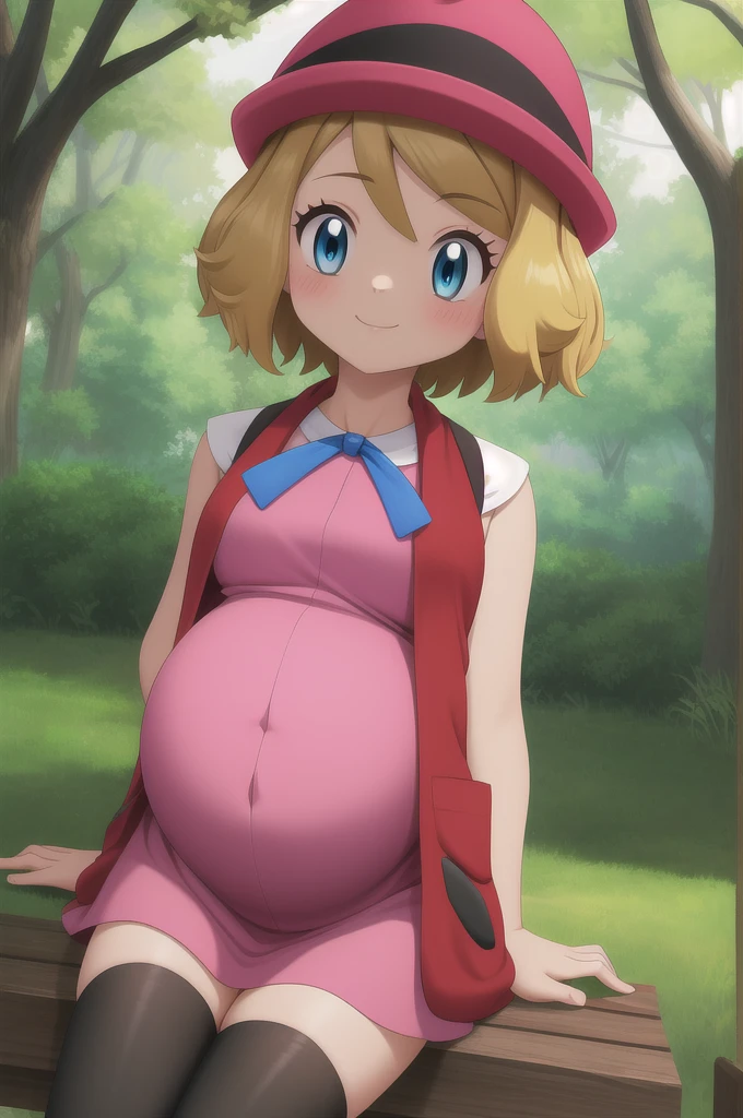 pkmnserena, 1girl, solo, blue eyes, blonde hair, short hair, bangs, hat, red headwear, 
pink dress, ribbon, sleeveless, neck ribbon, blue ribbon, vest, black thighhighs, 
smile,closed mouth,cowboy shot,sitting,
forest,outdoor,
(insanely detailed, beautiful detailed face, masterpiece, best quality) cinematic lighting,hyper-pregnant 