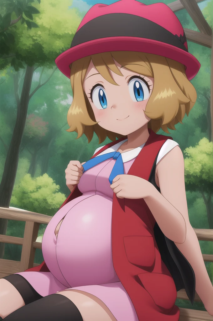 pkmnserena, 1girl, solo, blue eyes, blonde hair, short hair, bangs, hat, red headwear, 
pink dress, ribbon, sleeveless, neck ribbon, blue ribbon, vest, black thighhighs, 
smile,closed mouth,cowboy shot,sitting,
forest,outdoor,
(insanely detailed, beautiful detailed face, masterpiece, best quality) cinematic lighting,hyper-pregnant 