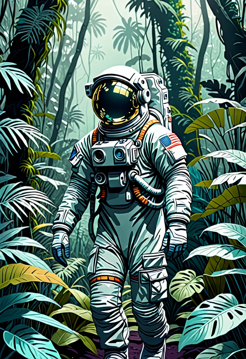 Astronaut in a jungle, cold color palette, muted colors, detailed, 8k