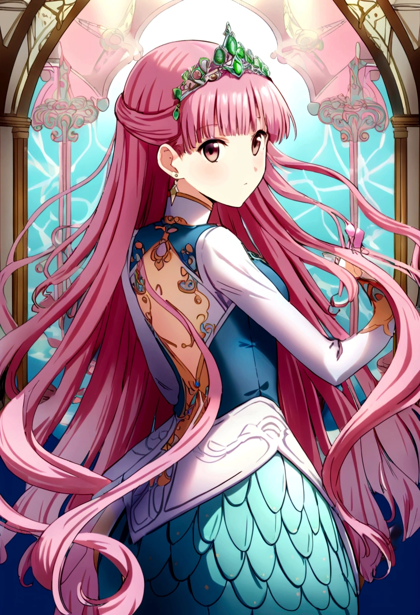 ACG 3Dレンダリング,Pink Hair, Victoria Roll back hair、Vertical rolls in the back、Estrus, Mermaid, Expose, dream-like, Intricate details, 8k Lorifier Decorated Tiara,Popular Imperial Sisters at Art Station