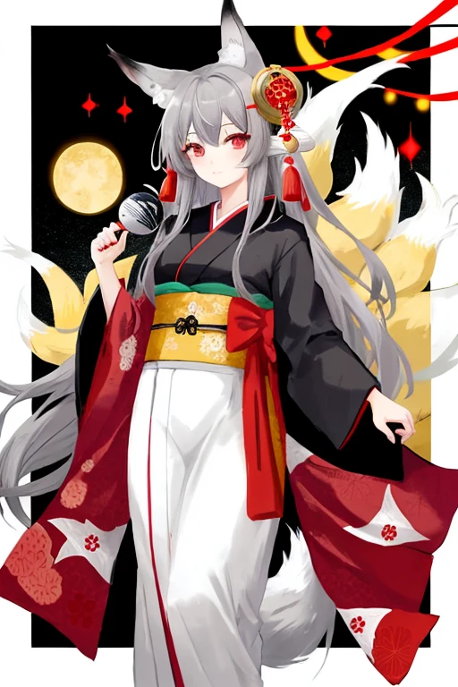 anime girl with long grey hair, {1 red eye and 1 grey eye}, dressed in a kimono with a fox tail and fox ears