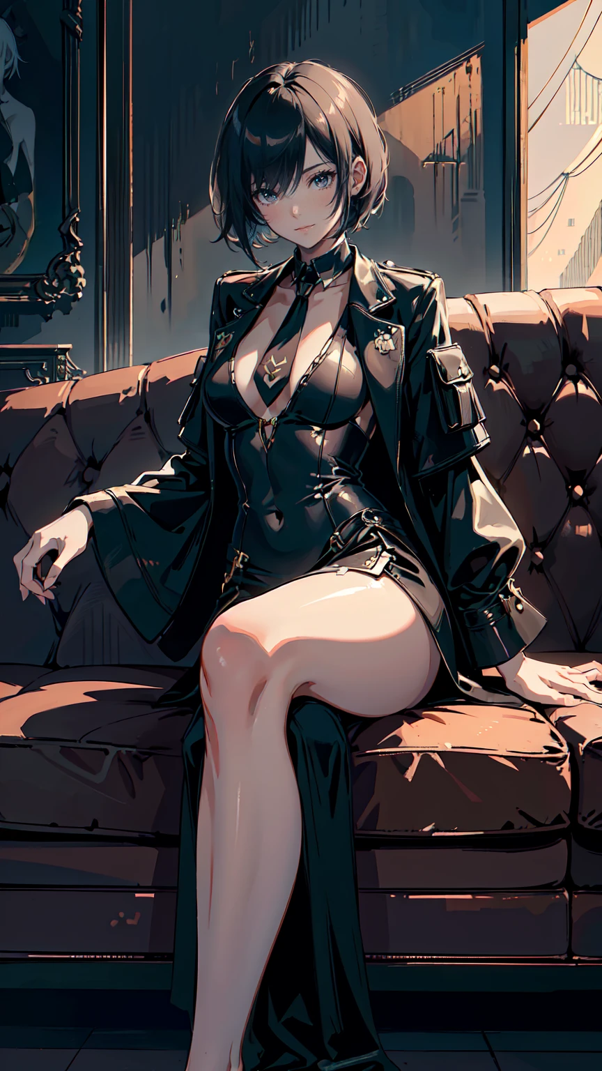 (Masterpiece, Best Quality, Ultra High Resolution , Digital Art,Beautiful and Aesthetic ) . ( One Fashionable adult girl with a short oblique bob, slender figure, expressive and dominating look ) in modern men's suit in youth style , matte black color , lovely thin white but long tie , (silk thick threads of red color connect the necklines on the sides of the whole suit) , . The character sits on a large massive sofa with lots of leather and metal patterns on it in vintage style , an interesting and atmospheric pose that characterizes the character , .