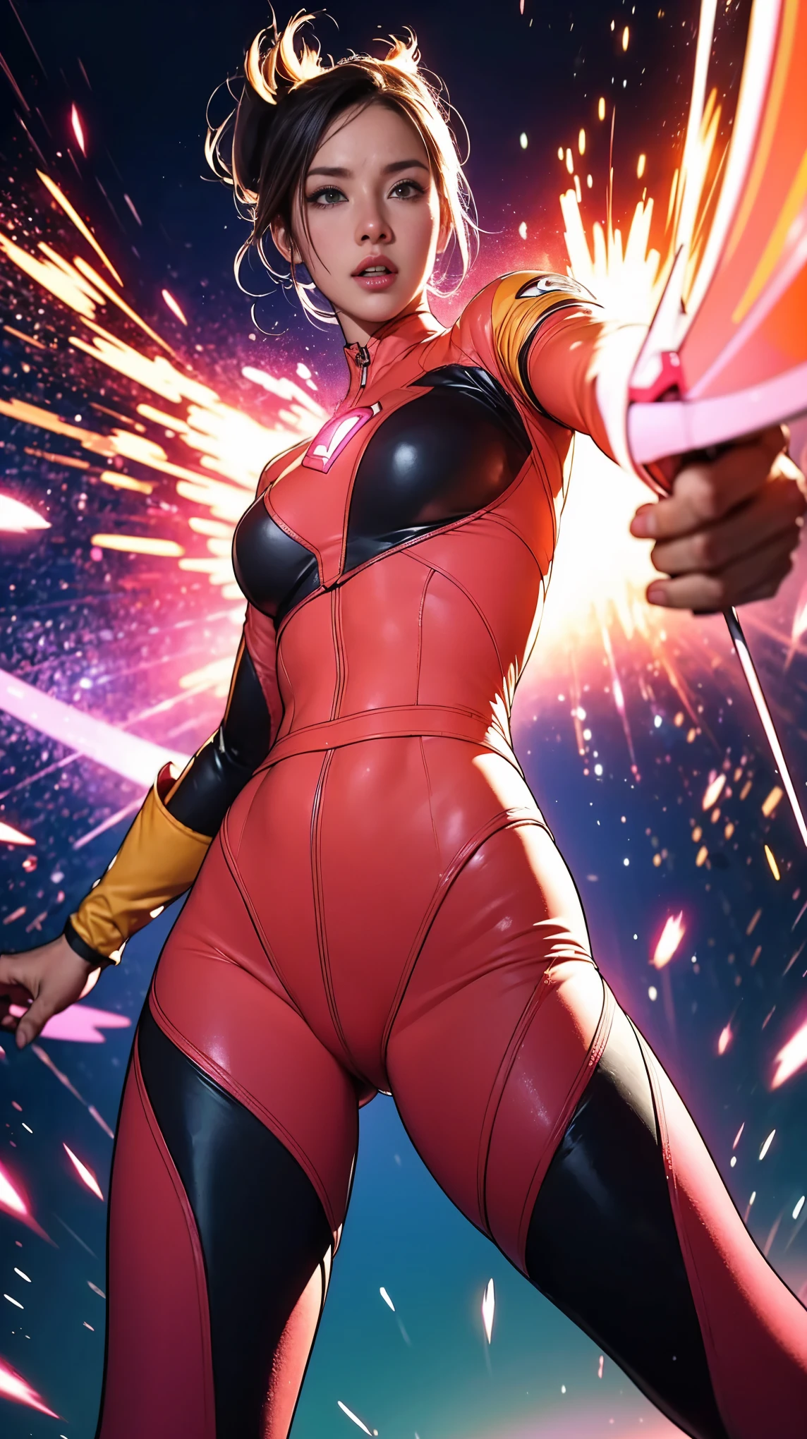 Solo, A brave and courageous image of a 6 member ranger team, Each one is decorated in vibrant colors such as:: ((Pink)), red is front of center, violet, Green, yellow, blue black, white,. Dynamic poses in a background that exudes energy and courage, neon, fire, plasma, Fluorescent, shocking, pink big bomber, splashing pink, running, fighting pose, action pose, Embodying the essence of the classic Sentai superhero team. Each Ranger:: The attire is sophisticated and modern, Each color has elements that reflect its theme., Ready for action. ((Camel Toe)), weapons, in sunset background , in cinematic lighting, cover art mixed cinema poster style,