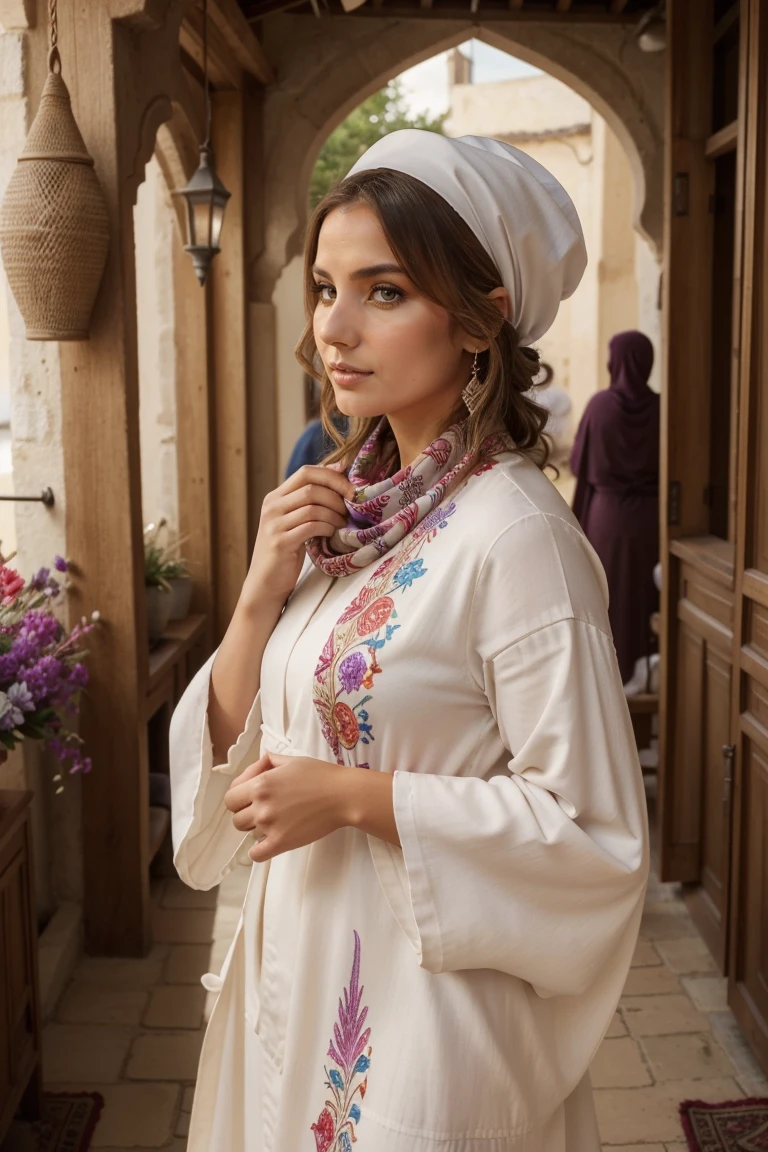 fille instagram posant, Brunnete, maquillage naturel, (Robe caftan traditionnelle très colorée), (foulard très ample montrant des cheveux bouclés), (Environnement du souk marocain), chef-d&#39;œuvre, meilleure qualité, très détaillé, (Des yeux magnifiques et détaillés Un visage magnifique et détaillé), (meilleure qualité), (Ultra-détaillé), (chef-d&#39;œuvre), (Haute résolution), (original), Ultra réaliste.