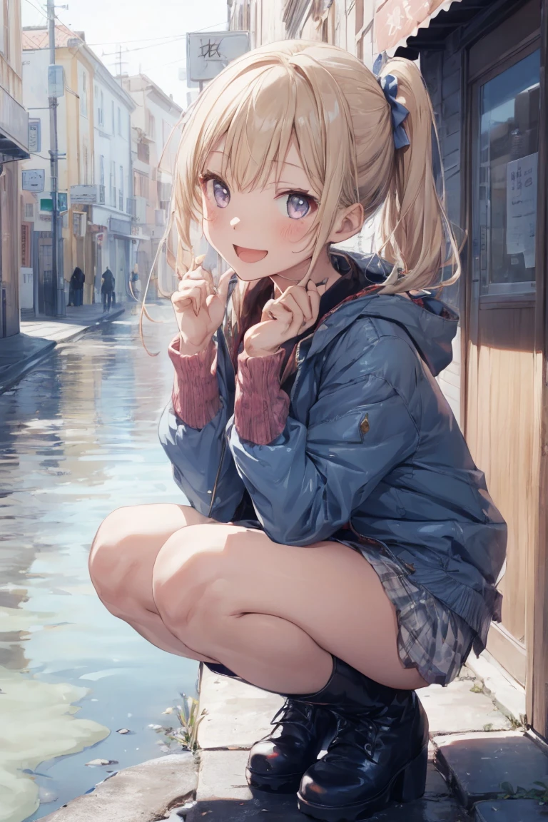 One Girl,rainbow,raincoat,yellow raincoat,rubber Knee-high boots,Hydrangea,flower,Long Hair,Twin tails,Knee-high boots,blush,umbrella,Open your mouth,hair ornaments,white background,Food,alone,Terboz,very Long Hair,Food up,Long sleeve,Low Ponytail,bow,bangs,smile,animal Food,closeD umbrella,puddle,Cowboy Shot、Squat,:D,snails,Yellow footwear, background,pink flower,Are standing,leaf umbrella,Holding umbrella,fooD-themeD hair ornaments,hair bow,animal ears,Holding,Blonde,hair flower,rain,animal,Gray Hair、Light purple eyes、Bob Hair、Laughter、Purple Raincoat、