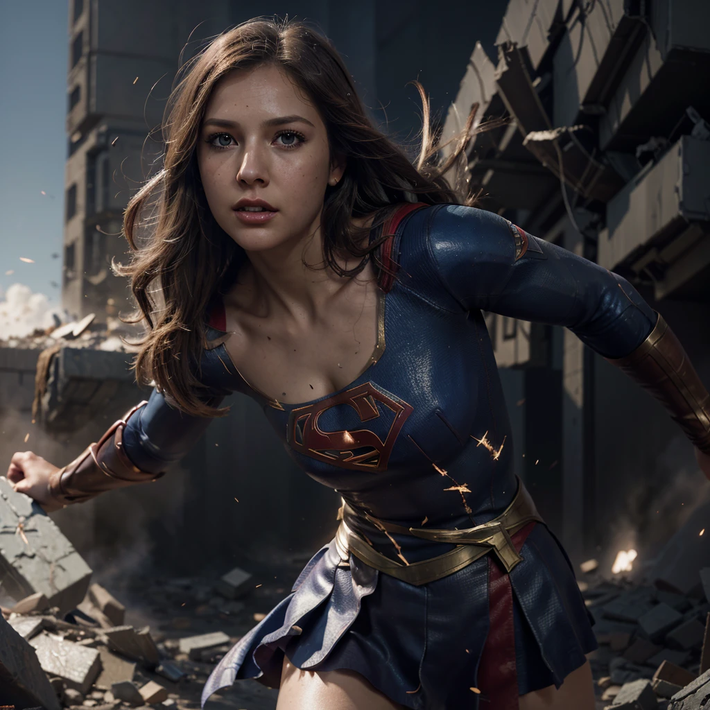 a supergirl in battle, supergirl defeated, beautiful detailed eyes, beautiful detailed lips, extremely detailed eyes and face, long eyelashes, damaged body suite , flying, dynamic action pose, debris field, dramatic lighting, cinematic composition, muted color palette, film grain, unreal engine, digital art
