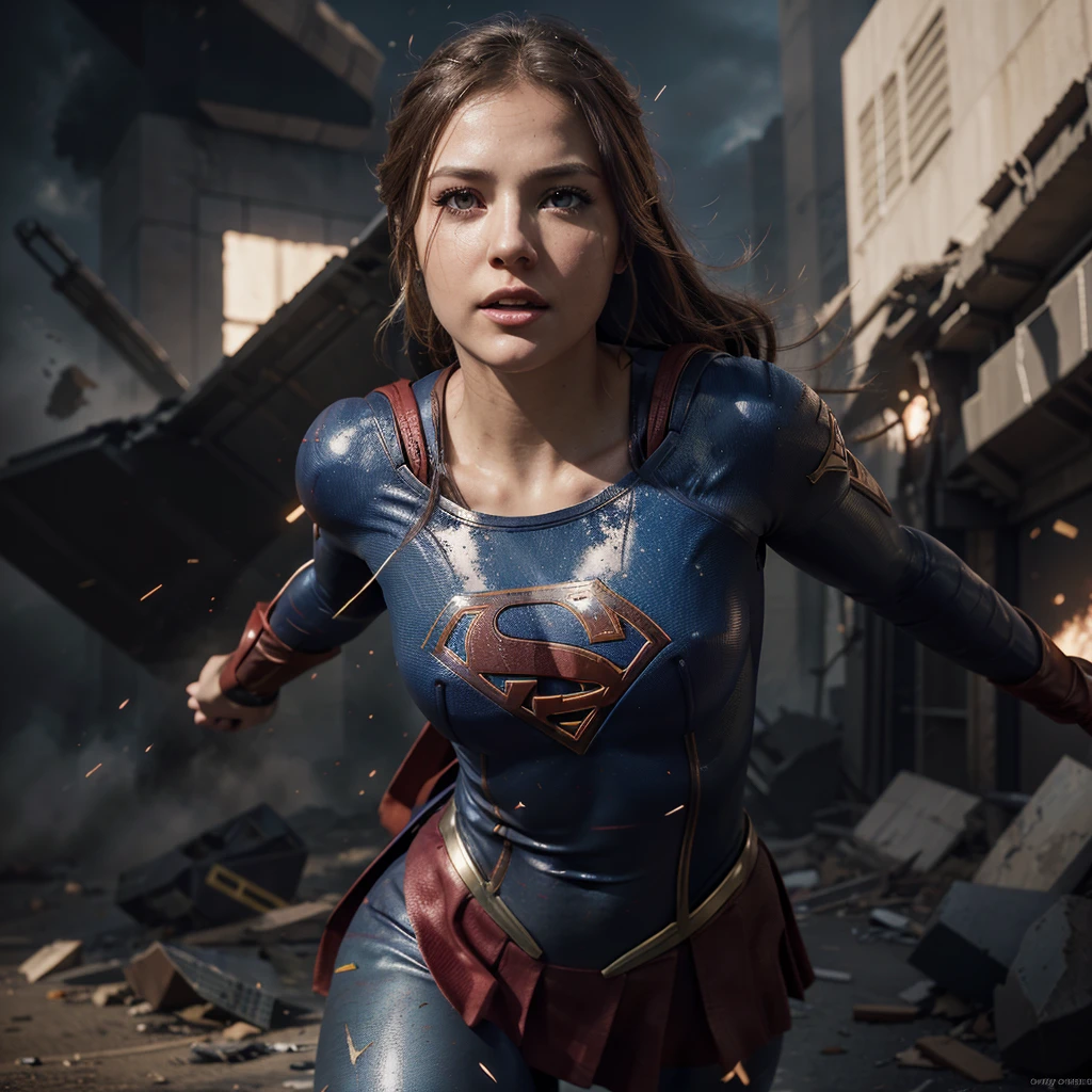 a supergirl in battle, supergirl defeated, beautiful detailed eyes, beautiful detailed lips, extremely detailed eyes and face, long eyelashes, damaged body suite , flying, dynamic action pose, debris field, dramatic lighting, cinematic composition, muted color palette, film grain, unreal engine, digital art