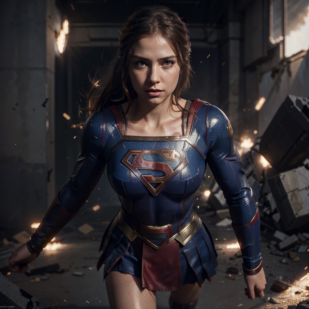 a supergirl in battle, supergirl defeated, beautiful detailed eyes, beautiful detailed lips, extremely detailed eyes and face, long eyelashes, damaged body suite , flying, dynamic action pose, debris field, dramatic lighting, cinematic composition, muted color palette, film grain, unreal engine, digital art