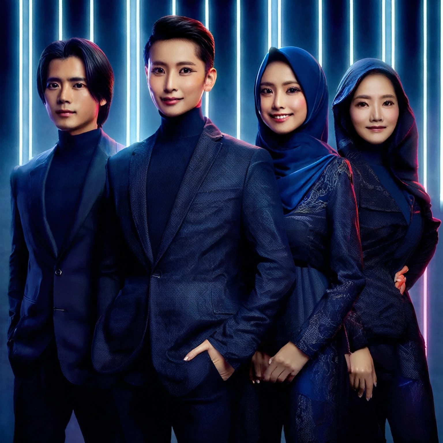 indonesian group cover, photo editor, creative design, must consisting of 4 people; one man with long hair, one man with short hair, one woman with a hijab, one woman with long hair, they wore dark blue matching glamour outfit, standing posing confidently facing the camera, they are smile, look like a movie scene, stunning abstract neon light photo editor's room background, Taken using Sony alpha α7CR full-frame, 1536px, photorealistic, high quality, high definition photo.