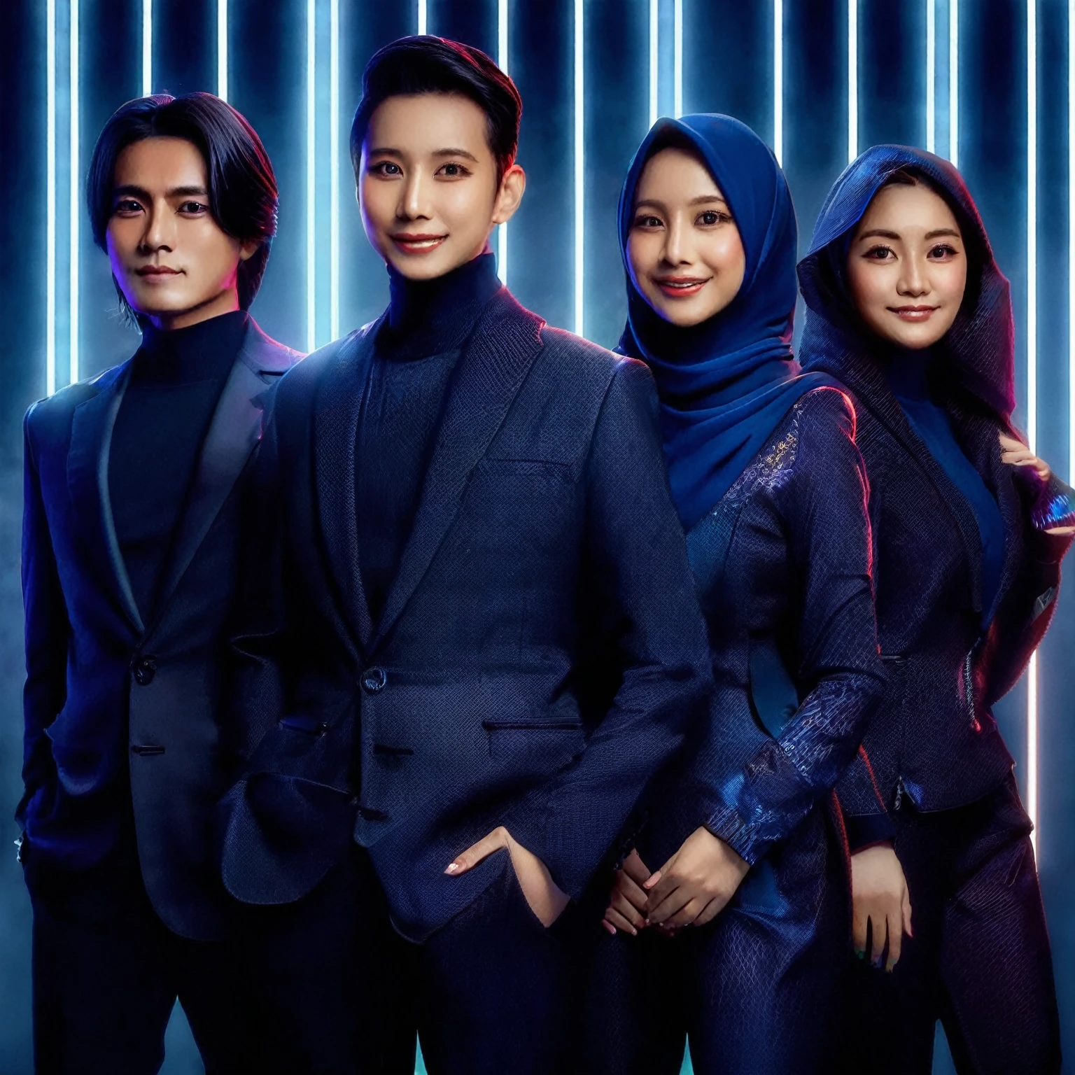 indonesian group cover, photo editor, creative design, must consisting of 4 people; one man with long hair, one man with short hair, one woman with a hijab, one woman with long hair, they wore dark blue matching glamour outfit, standing posing confidently facing the camera, they are smile, look like a movie scene, stunning abstract neon light photo editor's room background, Taken using Sony alpha α7CR full-frame, 1536px, photorealistic, high quality, high definition photo.
