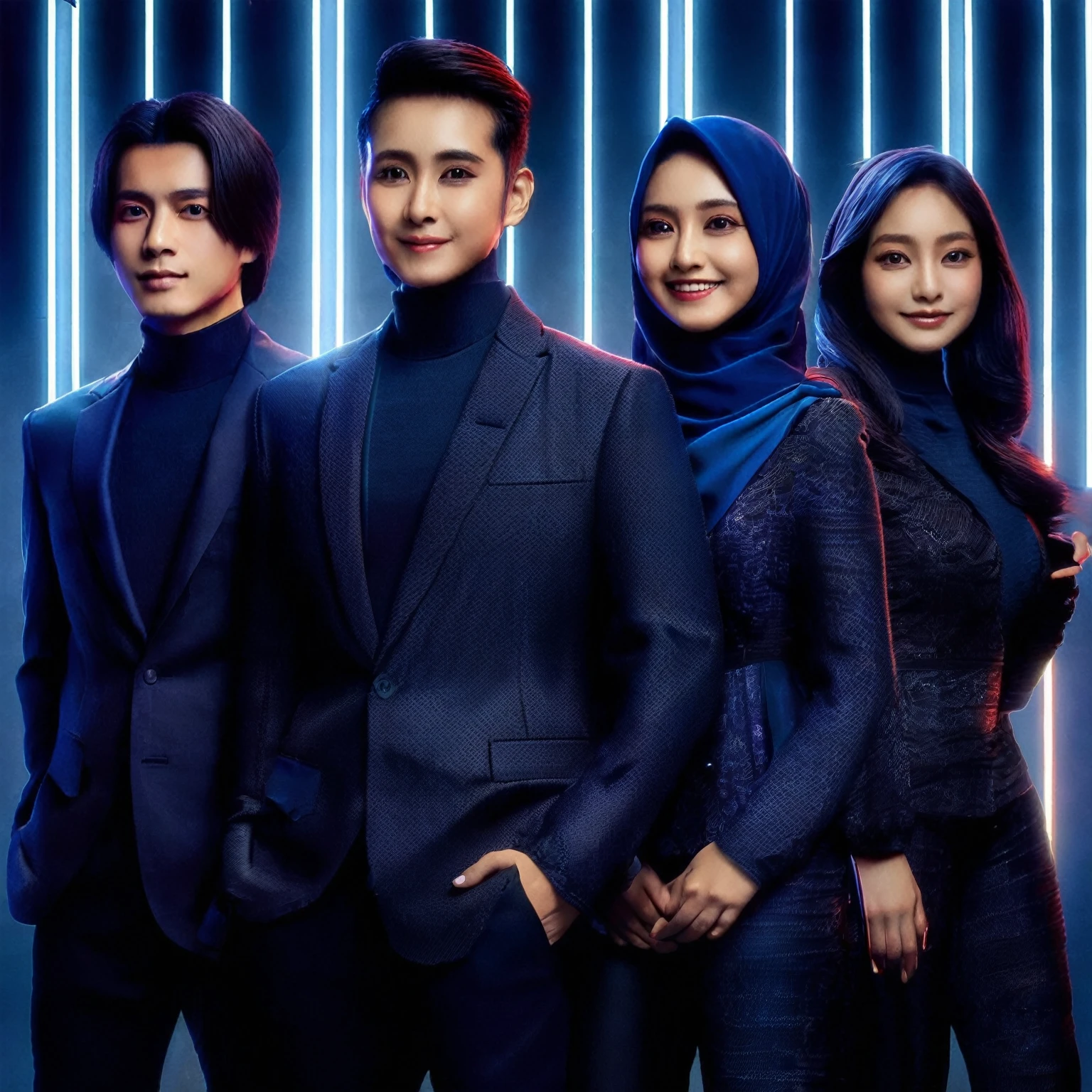 indonesian group cover, photo editor, creative design, must consisting of 4 people; one man with long hair, one man with short hair, one woman with a hijab, one woman with long hair, they wore dark blue matching glamour outfit, standing posing confidently facing the camera, they are smile, look like a movie scene, stunning abstract neon light photo editor's room background, Taken using Sony alpha α7CR full-frame, 1536px, photorealistic, high quality, high definition photo.
