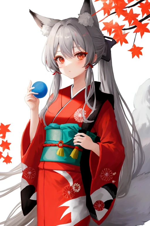 anime girl with long grey hair, {1 red eye and 1 grey eye}, dressed in a kimono with a fox tail and fox ears