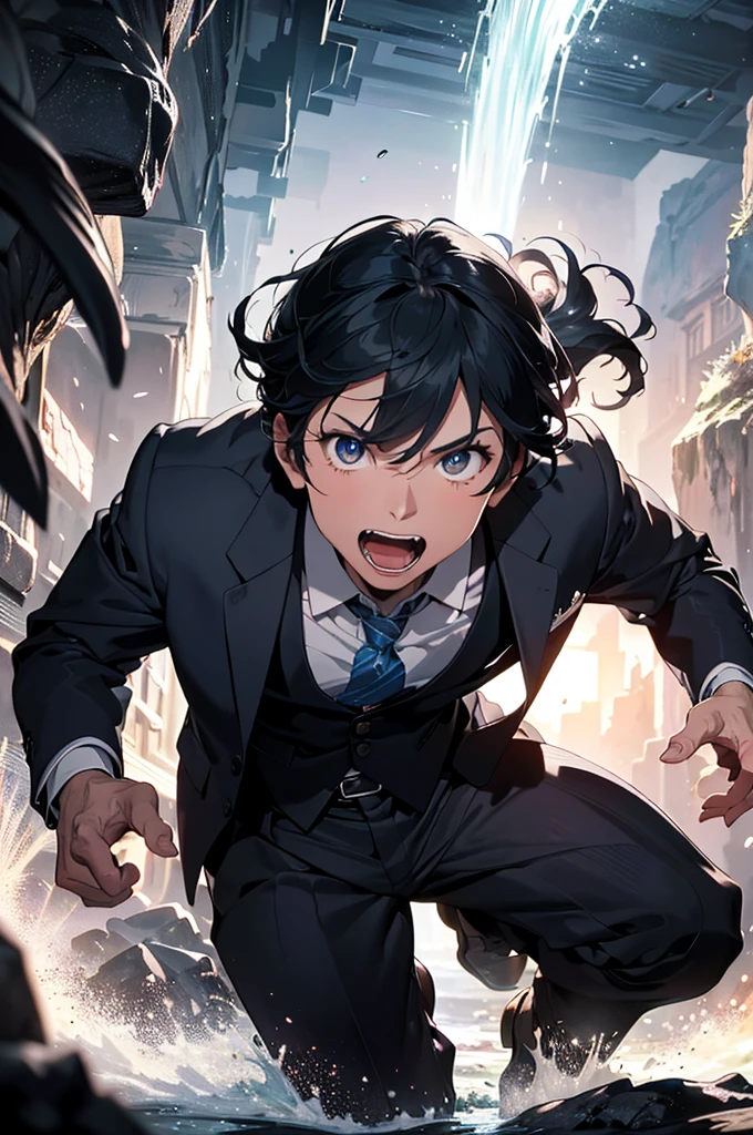 25 years old man wearing a suit jacket fighting with monster in cave, highres,sharp focus,(ultra detailed,extremely detailed),(photorealistic artwork:1.37),(extremely detailed CG unity 8k wallpaper),(((vibrant colors,vibrant theme))),(intricate),(masterpiece),(best quality),