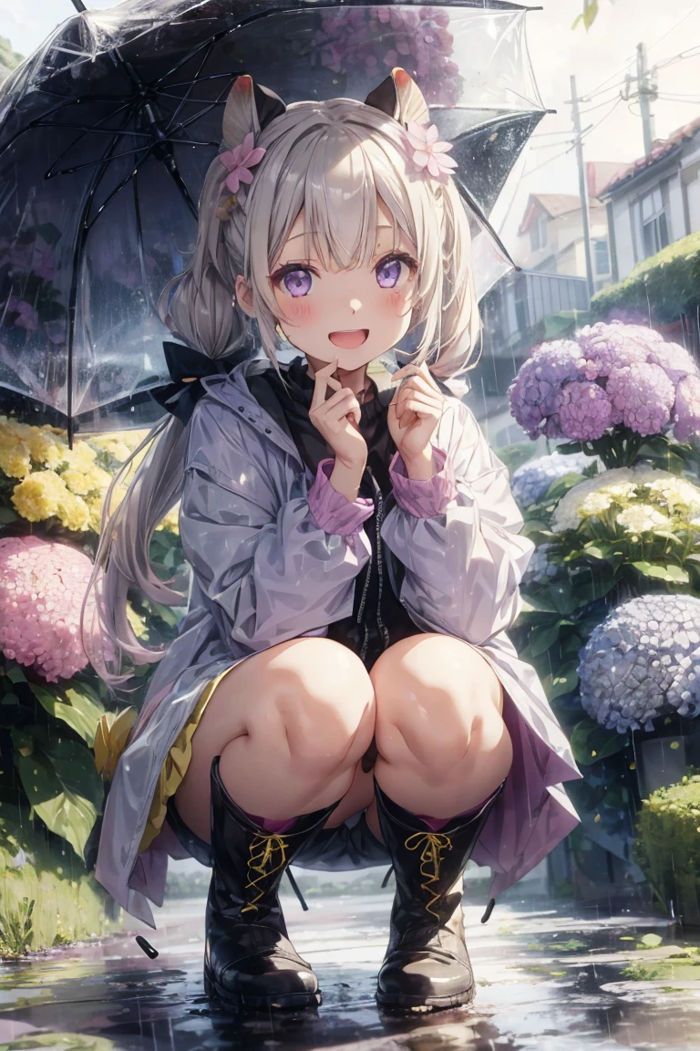 One Girl,rainbow,raincoat,yellow raincoat,rubber Knee-high boots,Hydrangea,flower,Long Hair,Twin tails,Knee-high boots,blush,umbrella,Open your mouth,hair ornaments,white background,Food,alone,Terboz,very Long Hair,Food up,Long sleeve,Low Ponytail,bow,bangs,smile,animal Food,closeD umbrella,puddle,Cowboy Shot、Squat,:D,snails,Yellow footwear, background,pink flower,Are standing,leaf umbrella,Holding umbrella,fooD-themeD hair ornaments,hair bow,animal ears,Holding,Blonde,hair flower,rain,animal,Gray Hair、Light purple eyes、Bob Hair、Laughter、Purple Raincoat、