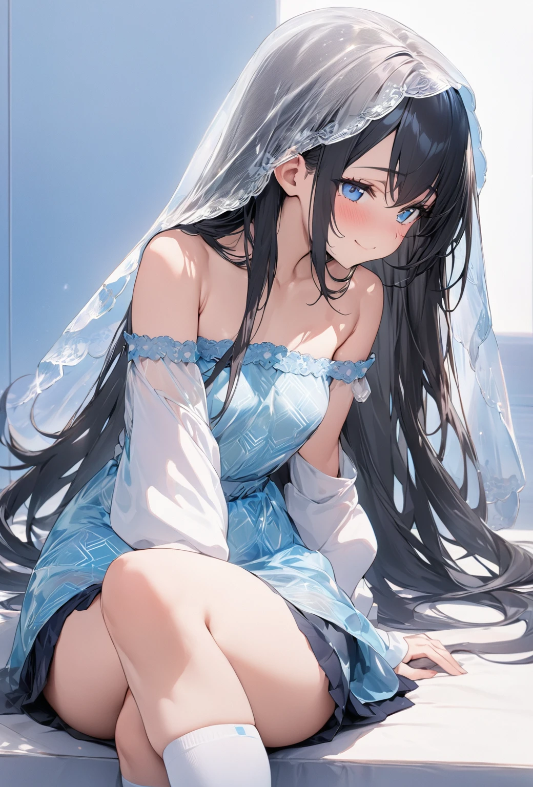 ((Highest quality)), ((masterpiece)), ((Very detailed)), (Very mature),A cute, gentle-looking female high school student with black hair and a height of about 165cm.,A female high school student with a cute smile and small breasts wearing a transparent blue waifus with a cute patterned hood and bare shoulders, The face is slightly long vertically,alone, Cute attitude,(background(bright),Long Hair - Straight,Knee-high socks、A transparent blue veil with a cute pattern and white hood with off-the-shoulder sleeves,White wall、Sitting、Facing the viewer、縁に模様がある壁が1面のbackground