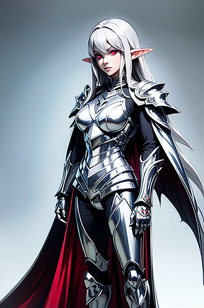 female elf knight, full body art, silver hair, white skin, red iris eye, knight full plate adorned armor, silver cape, perfectly detailed