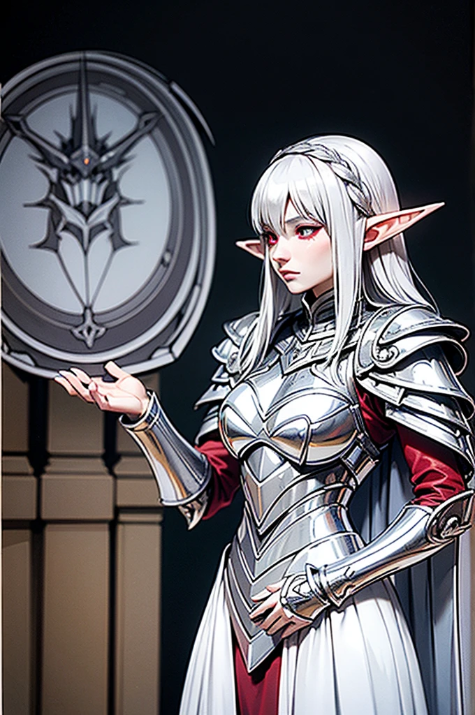 female elf knight, full body art, silver hair, white skin, red iris eye, knight full plate adorned armor, silver cape, perfectly detailed