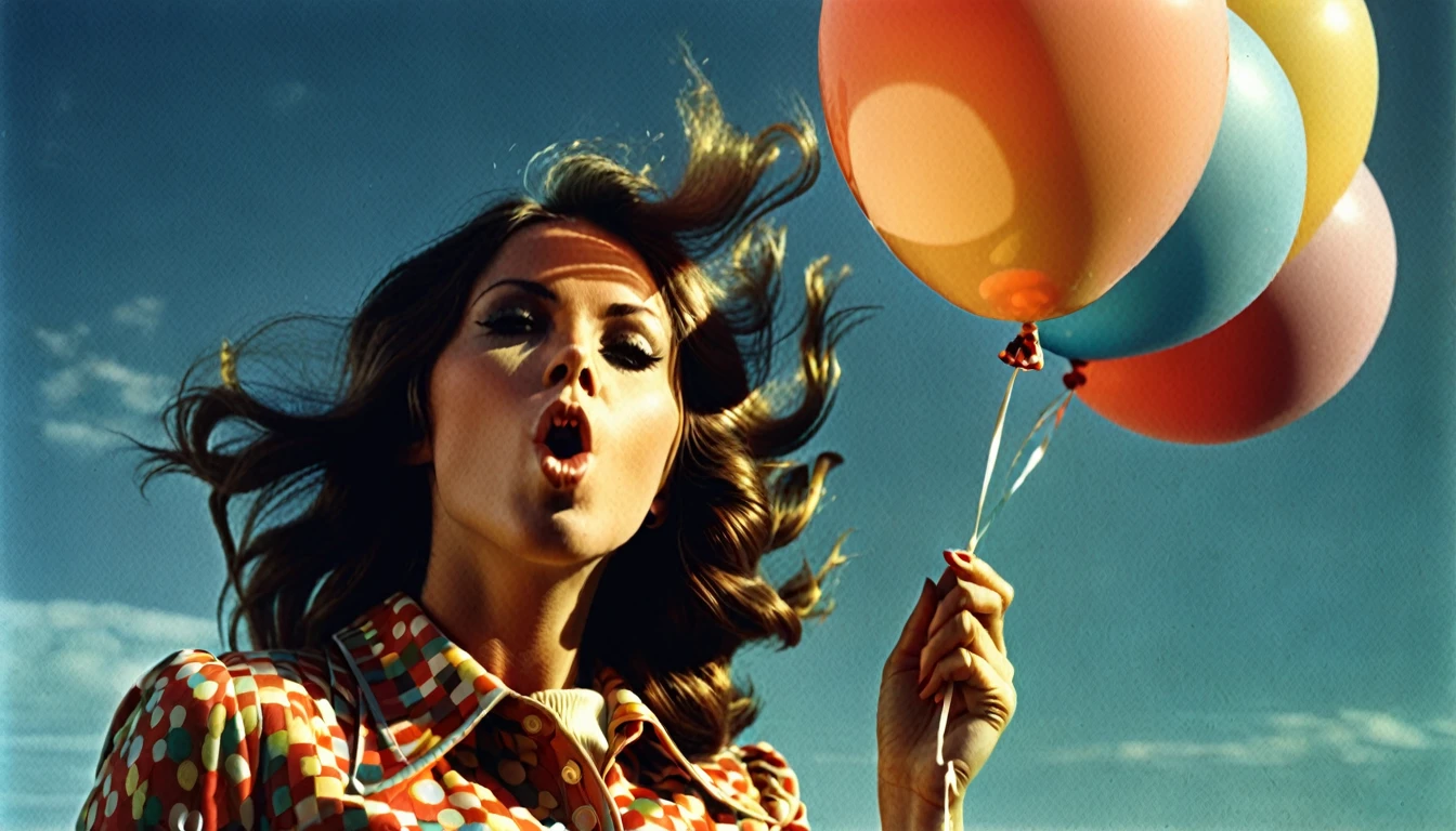 1970s photo of a beautiful woman blowing up a balloon, atmospheric perspective, textured skin, cinematic action, super detail,