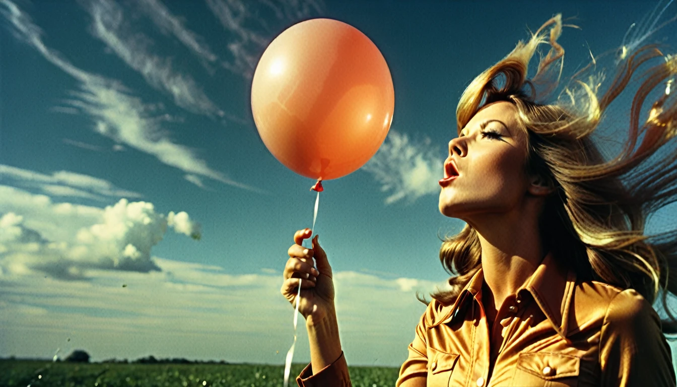 1970s photo of a beautiful woman blowing up a balloon, atmospheric perspective, textured skin, cinematic action, super detail,