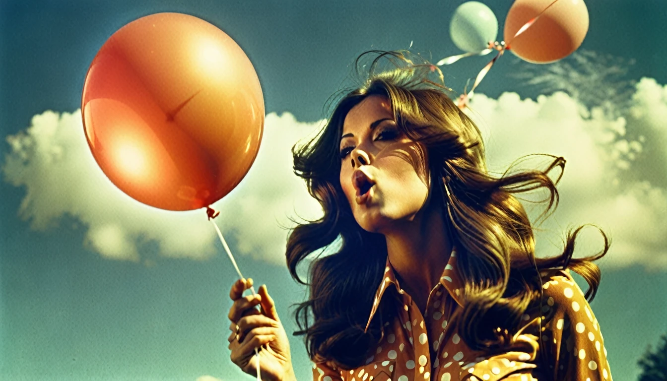 1970s photo of a beautiful woman blowing up a balloon, atmospheric perspective, textured skin, cinematic action, super detail,