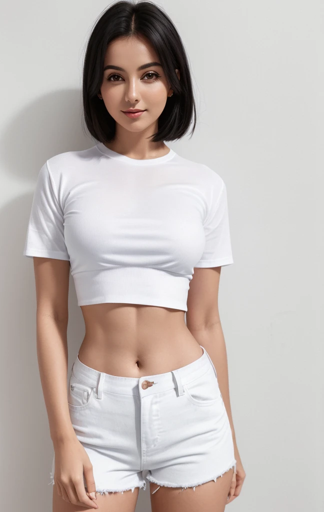 arafed woman in a white shirt and denim shorts posing for a picture, tight shirt, vestindo tight shirt, dressed in a white t-shirt, tinyest midriff ever, waist - shot, her navel is exposed, wearing tight simple clothes, clothed in white shirt, dressed in a white t-shirt