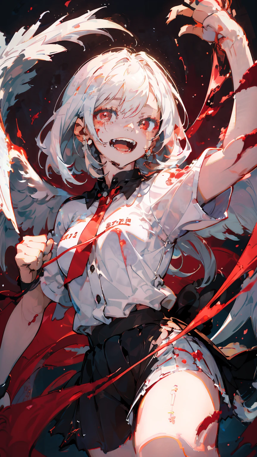 (woman\(血の滴るreddish black天使の輪が頭の上にあります, Angel Girl,My mouth is split,Pure white hair,Red eyes, Pure white skin, White short sleeve outfit,Scales on the body,The girl is laughing wildly with her mouth wide open,Eyes with dilated pupils,Scary,口と目からは大量のreddish black液体を垂らす,Crazy smile,Monster,Monster mouth,\) pure white world、Looking up at me,Attacking pose,Wings made of blood (I&#39;m in the beautiful outdoors, Monster tentacles,Horror, mysterious,Blood Monster (reddish black液体が空中に漂っている,Spooky background),quality\(8K,非常に精細なCGユニットのwallpaper, masterpiece,High resolution,top-quality,top-quality real texture skin,Surreal,Increase the resolution,RAW Photos,最高quality,Very detailed,wallpaper,Cinema Lighting,Ray-tracing,Golden Ratio\),Long Shot,Overall, it looks ephemeral.,The depiction range is from the waist up,qualityの高い顔の描写,High-resolution facial depiction,ephemeral,Low saturation,***********,1 person, evil spirit,reddish black