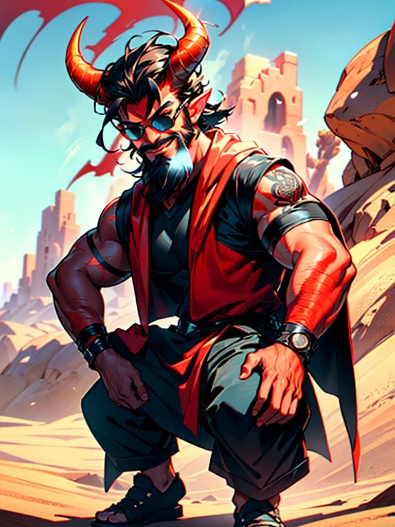 Masterpiece, full body, 1male, solo, a mature male tiefling with (((red skin))), short (((red horns))), short black hair, ((medium)) black beard, wearing mexican poncho, black sunglasses, (((Masculine face, full beard, hyper detailed clothes, hyper detailed face and hair, smirk))), wind, dinamic pose, desert background, yellow filter, cinematic lighting