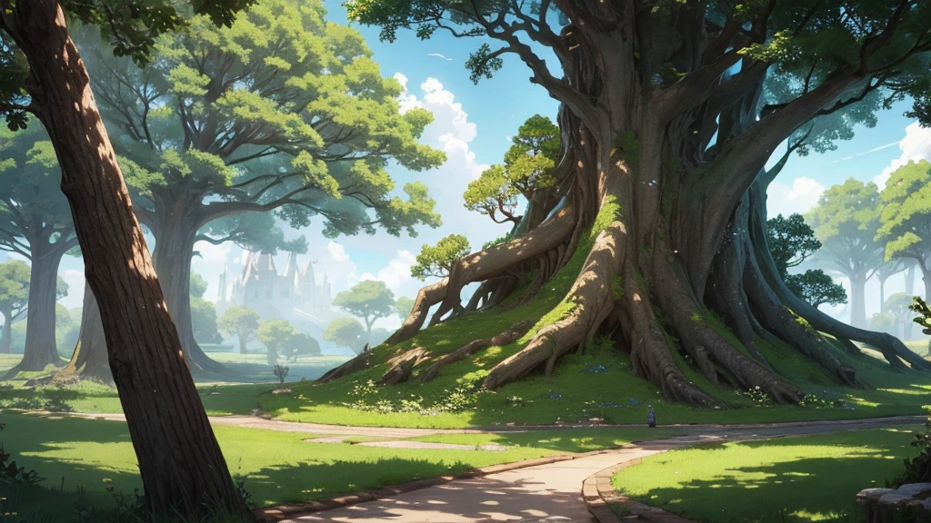 anime style, medieval anime, a giant tree on top of a small relief with nothing close to it, dense and large tree canopy, leaves flying with the wind, straight trunk, extremely detailed image