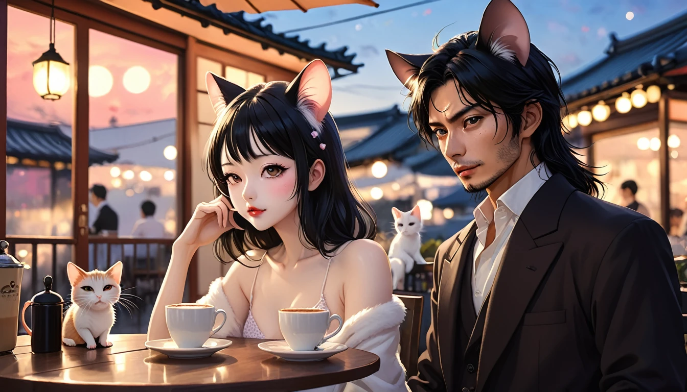 utamaro style , Hallucination, daydream , nightmare , Insane Dream , bokeh , erotica , romance , realistic mouse girl and realistic cat man , realistic nose , cafe terrace