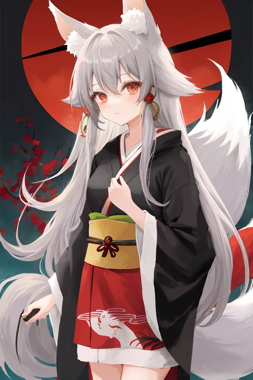 anime girl with long grey hair, 1 red eye and 1 grey eye, dressed in a kimono with a fox tail and fox ears